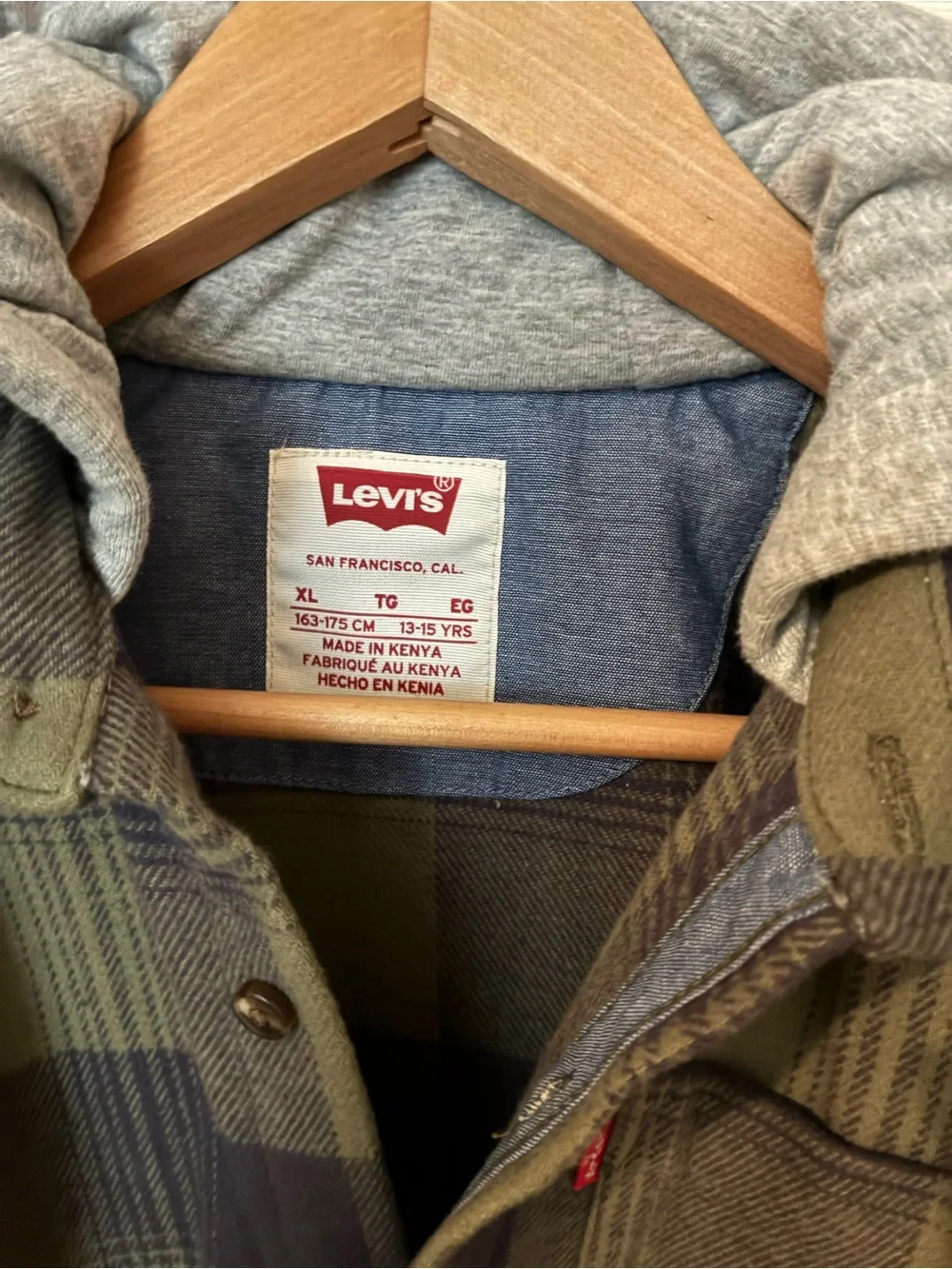 Levi's Green and Gray Plaid Hooded Button-Down Shirt